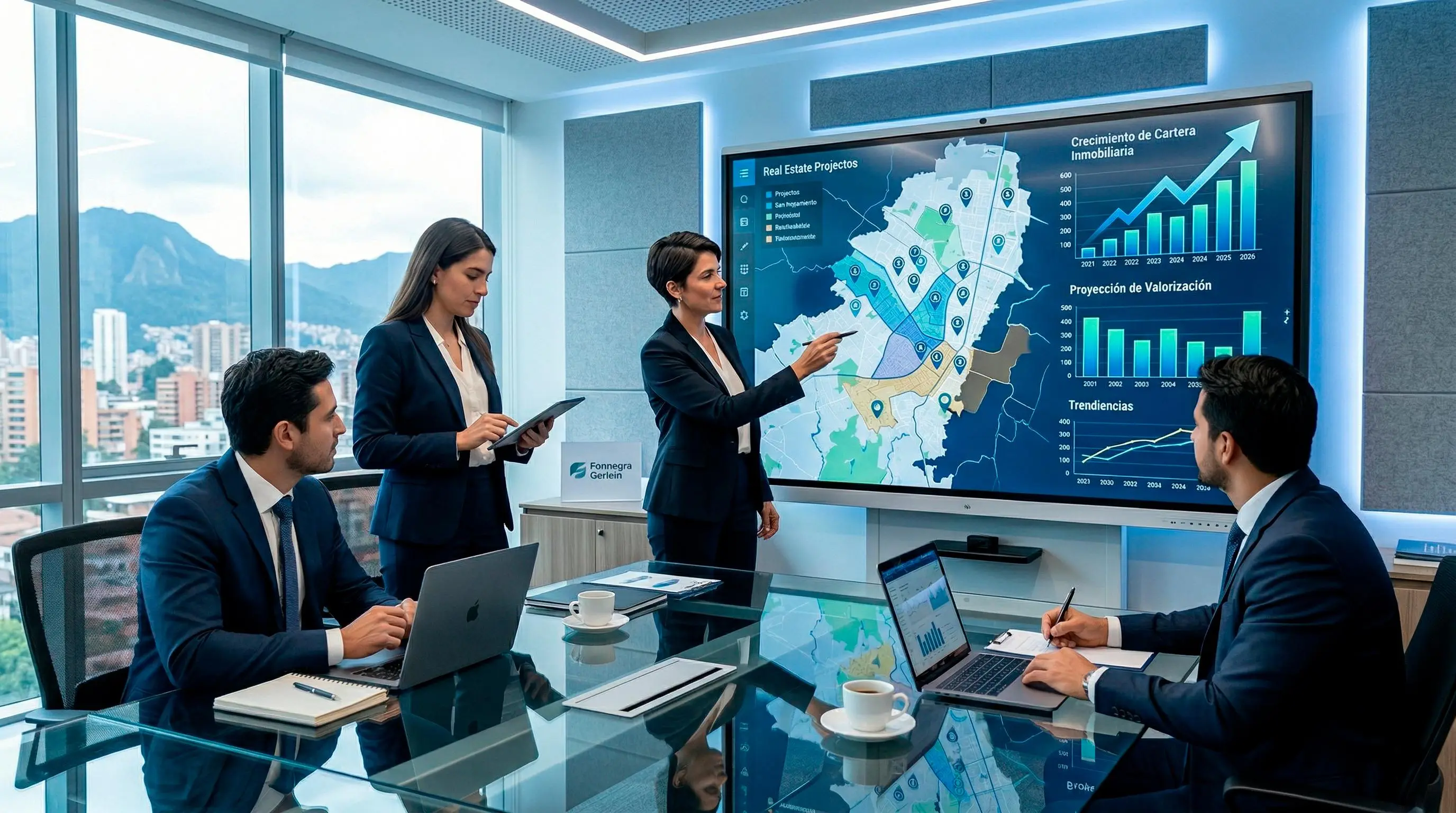 Equipo de consultores de negocios en una sala de juntas, analizando un mapa de proyectos inmobiliarios en una pantalla interactiva.